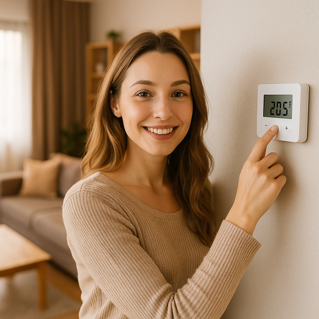 Femme ajustant un thermostat mural dans un salon lumineux pour économiser l’énergie à Bruxelles