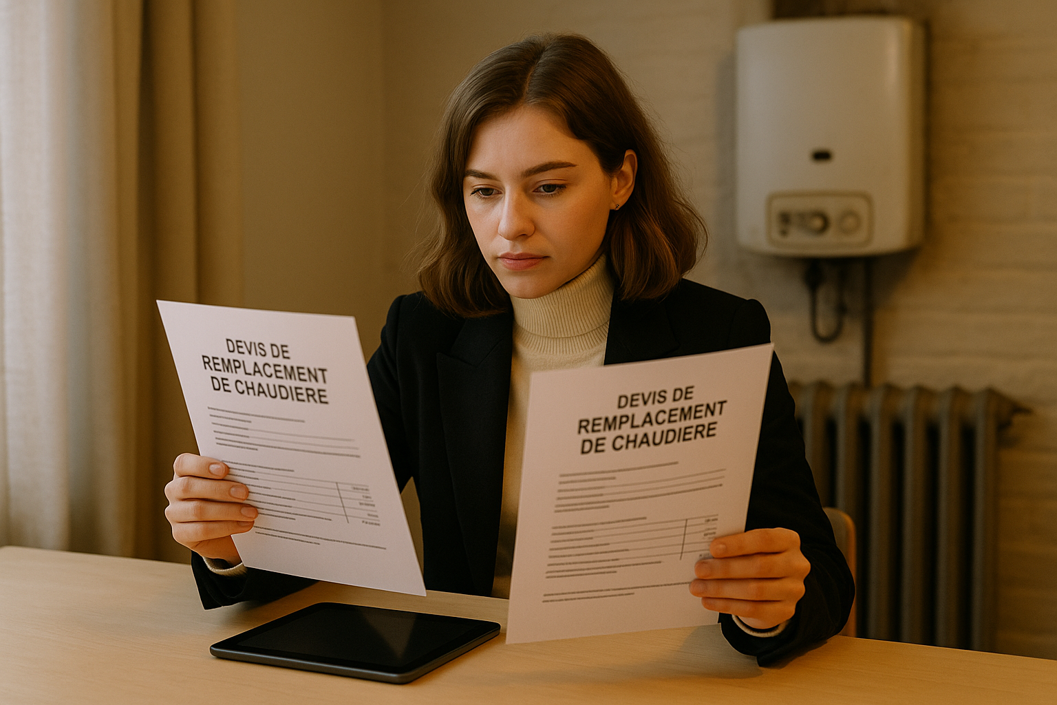 Femme consultant des devis de remplacement de chaudière sur une tablette dans un intérieur chaleureux