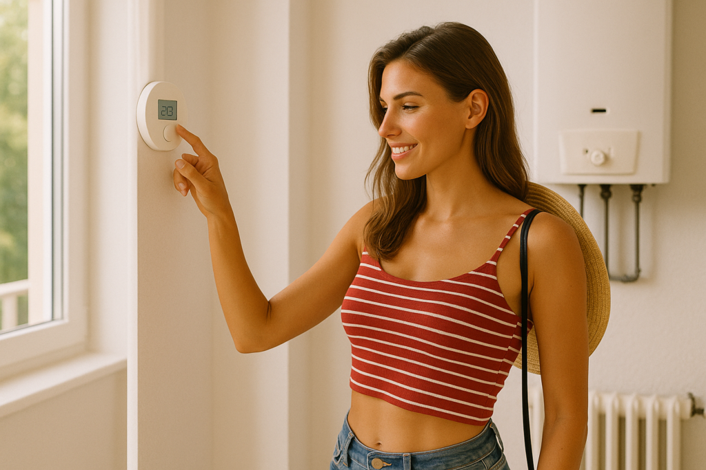 Femme réglant le thermostat de sa chaudière avant de quitter sa maison pour les vacances