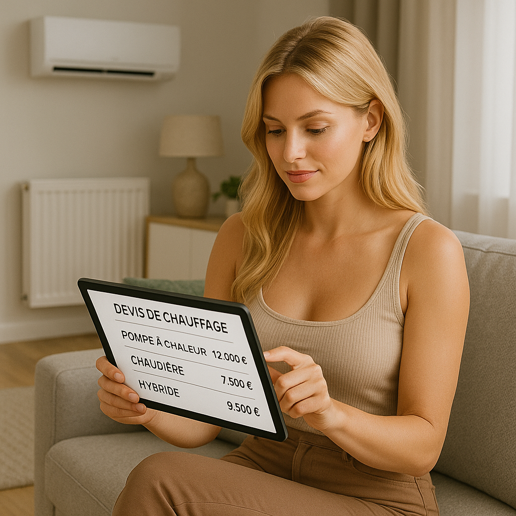 Jeune femme comparant des options de chauffage sur une tablette dans un salon à Bruxelles