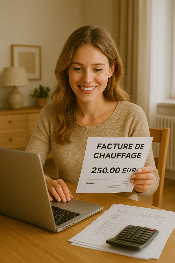 Jeune femme analysant sa facture de chauffage à domicile sur un ordinateur