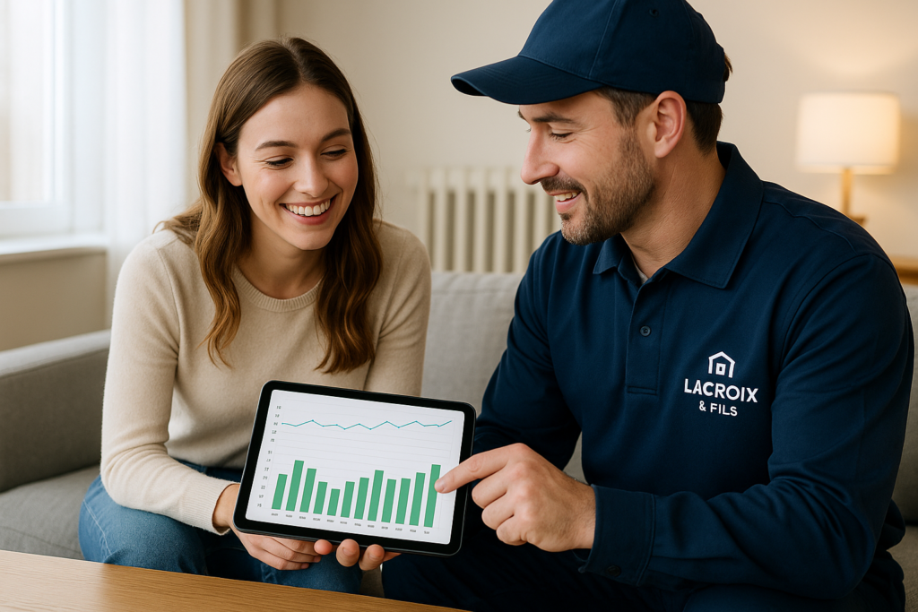 Consultation entre une femme et un chauffagiste sur la consommation de chauffage